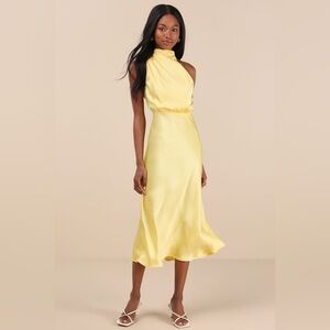 Lulus Distinctive Charm Yellow Satin Asymmetrical Midi‎ Dress